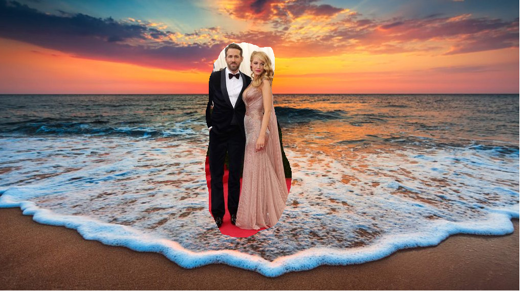 Edited photo of Blake Lively and Ryan Reynolds on a beach